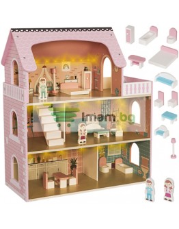 Дървена къщичка за кукли LED осветление и аксесоари